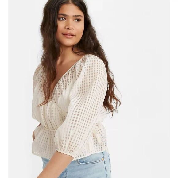 LEVIS Top Women M Delilah Wrap Surplice Blouse Peplum Sheer Windowpane Off White - Picture 5 of 10